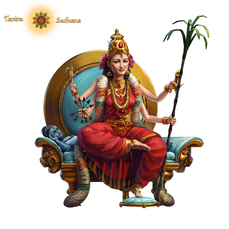 An image of the 4-armed Ma Tripura Sundari from the the Tantra Sadhana App by Om Swami.