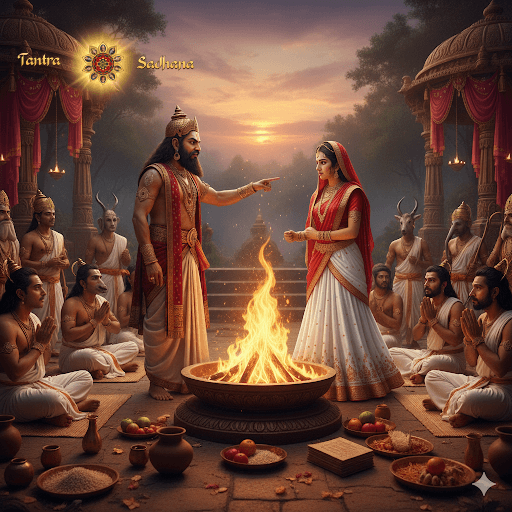 An AI-generated image of Devi Sati being humiliated at Her father Daksha's grand fire offering.