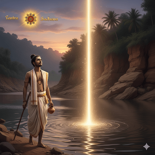 An AI-generated image of Atma Ram being guided by the beam of light emerging from the Bhagirathi River.