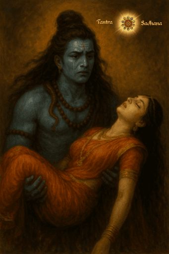 An AI-generated image of Lord Shiva holding Devi Sati's dead body with great sorrow.