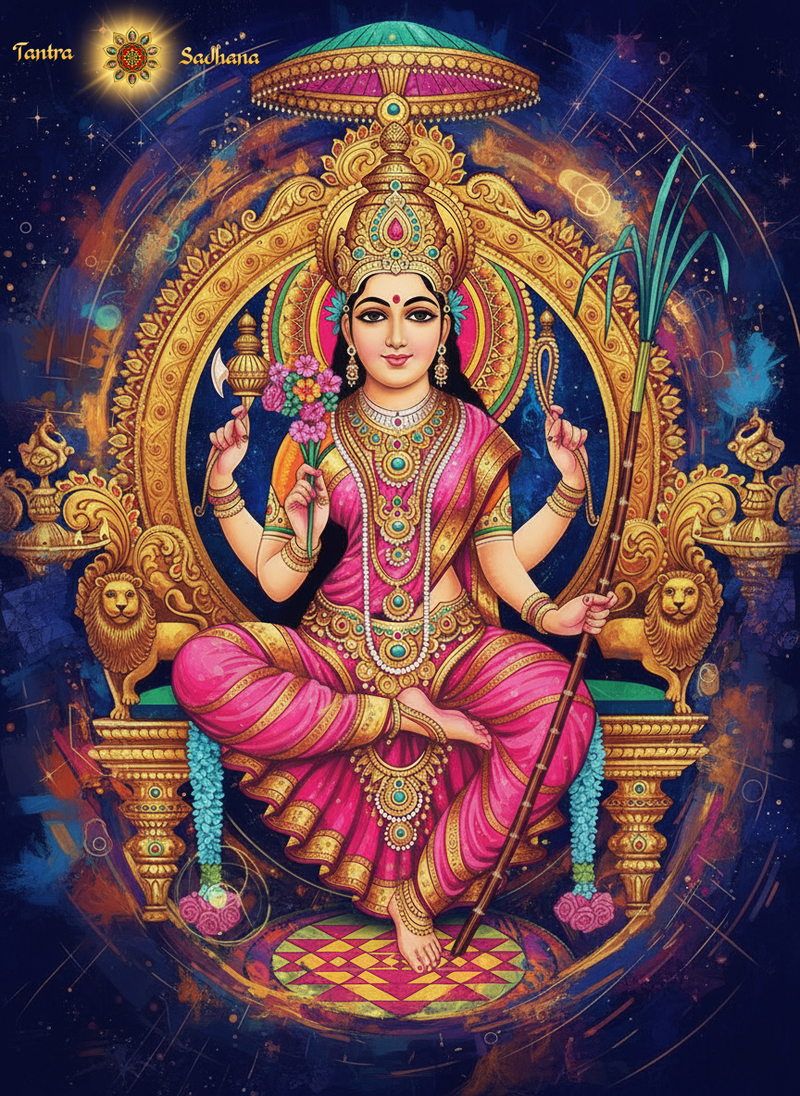 An illustration of the 4-armed Ma Tripura Sundari's iconography with a Sri Chakra underneath Her feat.