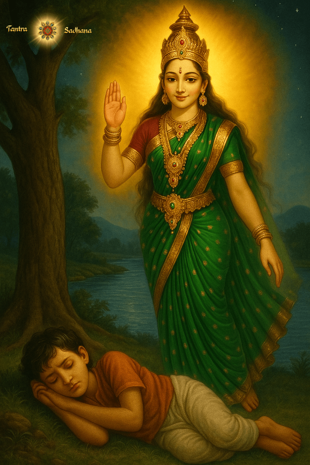 An AI-generated image illustrating Ma Bhuvaneshwari standing behind a sad, sleeping child under a tree and blessing him with Abhaya Mudra.