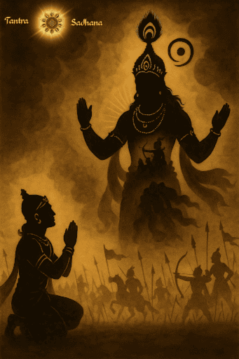 कुरुक्षेत्र युद्ध का एक कृत्रिम-बुद्धि द्वारा निर्मित कृष्ण-भूरे-श्याम वर्ण का चित्र, जिसमें अग्रभूमि में अर्जुन घुटनों के बल बैठे हुए हैं और भगवान कृष्ण के समक्ष हाथ जोड़कर विनत हैं।