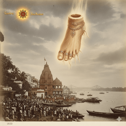 An AI-generated image of Devi Sati's foot falling at the location of Kali Ghat Temple near the Adi Ganga river.