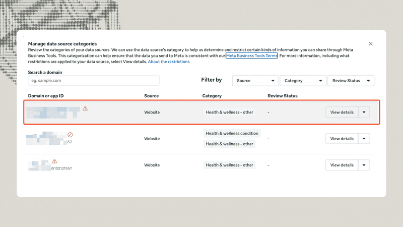 Screenshot of Meta Events Manager showing a domain flagged with a yellow warning icon under the “Health & Wellness – Other” category, indicating Level 1 restrictions under Meta’s Health & Wellness Policy.